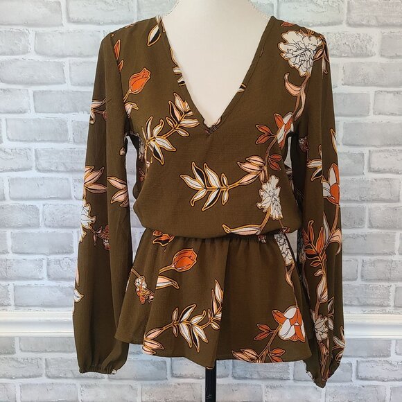 Buckle Willow & Root Blouse Open Back Long Sleeve Peplum Boho Ruffled L Brown - Picture 2 of 9